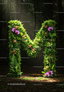 Letter M Made of Lush Greenery and Orchid Flowers