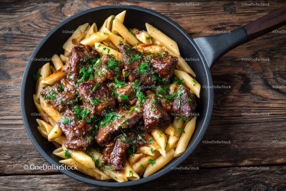Beef Stew with Penne Pasta and Fresh Herbs in Rustic Pan