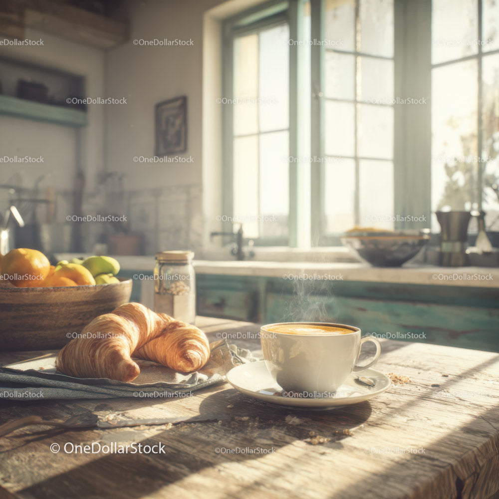 Cozy Breakfast Scene with Croissants Coffee and Fresh Fruit in Rustic Kitchen