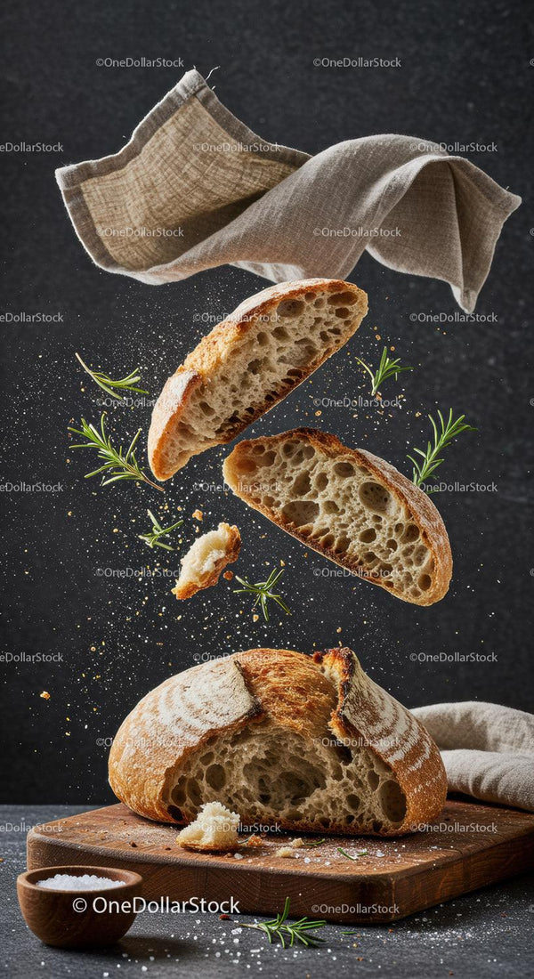 Fresh rustic bread slices levitating with herbs