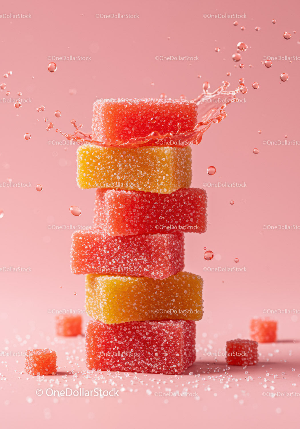 Colorful Sugar Coated Gummies Stacked with Splash