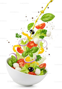 Fresh colorful salad ingredients with olive oil splash
