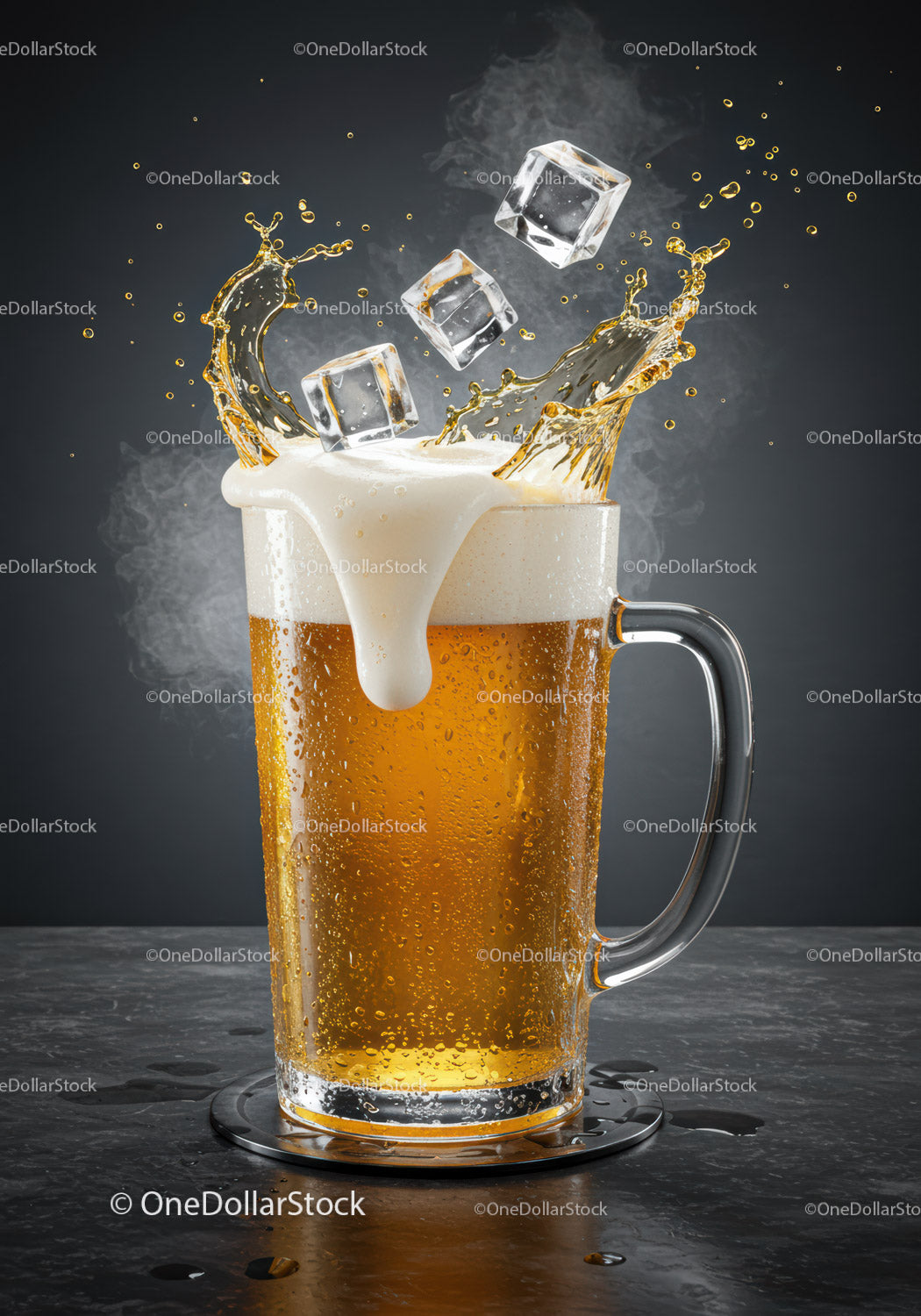 Refreshing beer splash with ice cubes in a glass mug