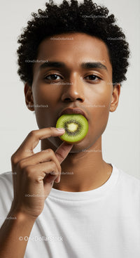 Young Man with Curly Hair Eating Fresh Kiwi Fruit Modern Lifestyle Photo