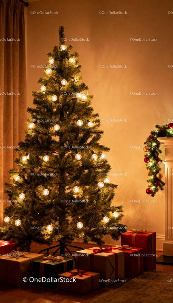 Cozy Christmas Tree with Warm Lights and Wrapped Gifts
