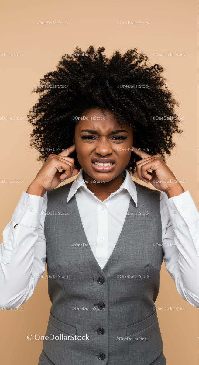 Frustrated Woman Covering Ears with Annoyed Expression