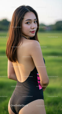 Charming Young Woman Wearing Swimsuit in Green Field During Sunset