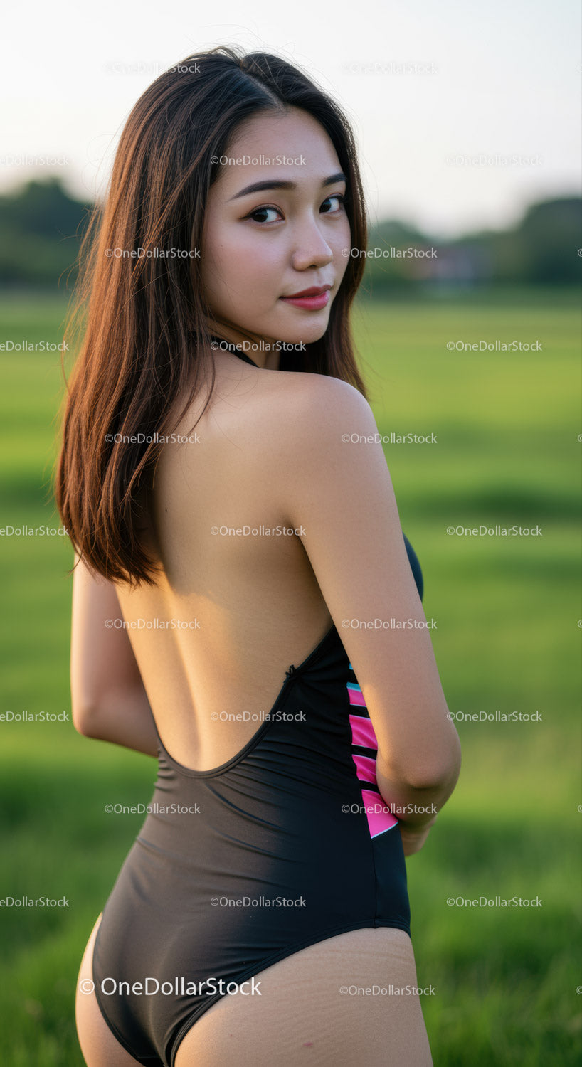 Charming Young Woman Wearing Swimsuit in Green Field During Sunset