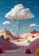 Glass bottle catching colorful candy raindrops under cloud