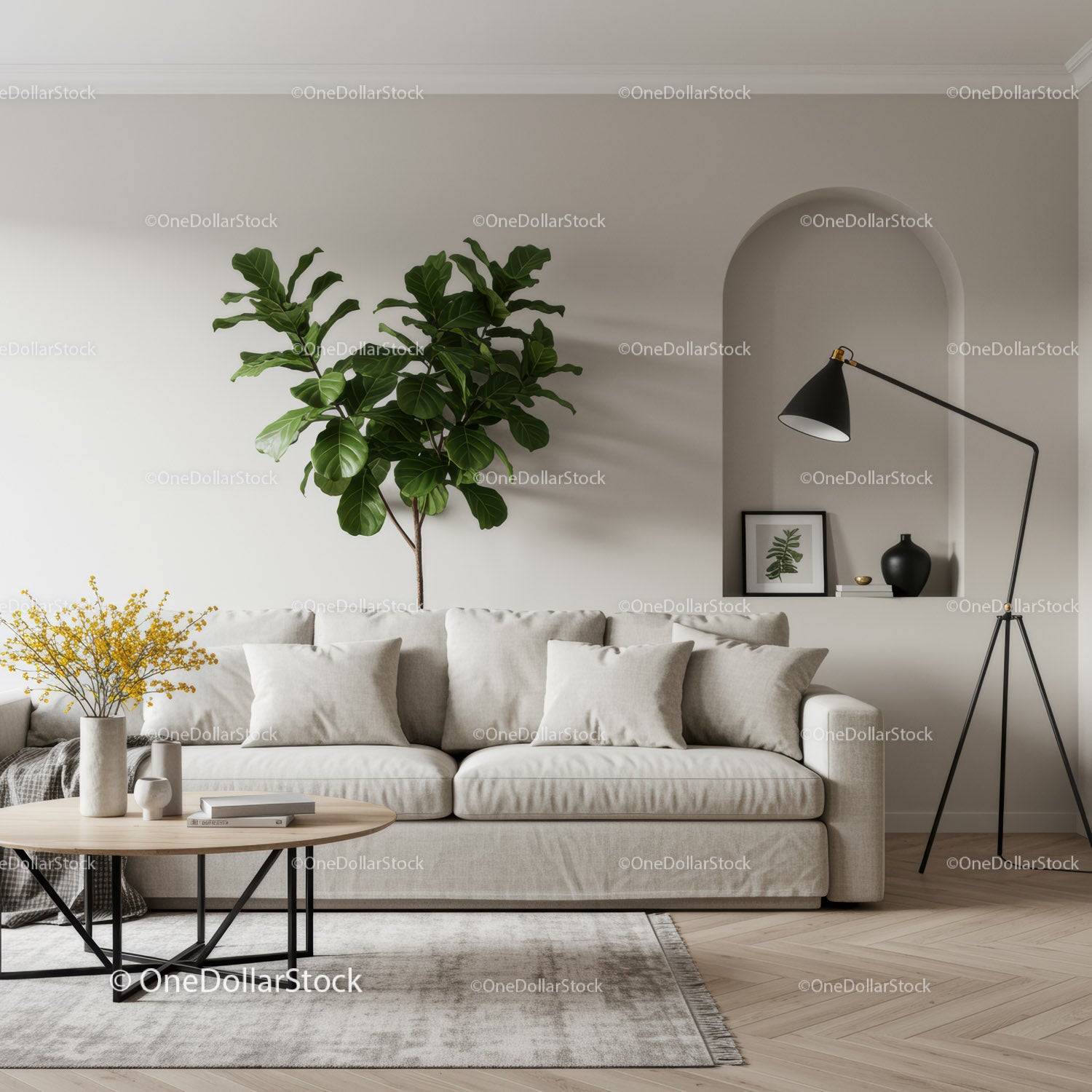Przytulny salon z nowoczesną sofą i roślinami doniczkowymi