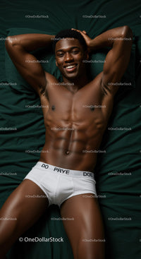 Smiling muscular man relaxing on dark green bed linen