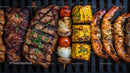 Assorted Grilled Meat Shrimp and Vegetable Skewers on Grill