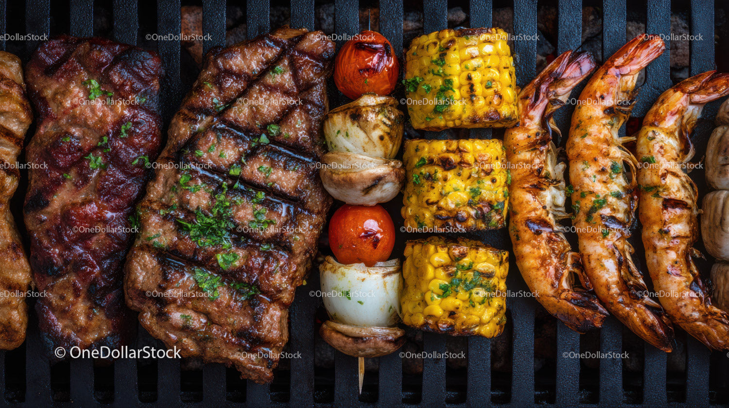 Assorted Grilled Meat Shrimp and Vegetable Skewers on Grill