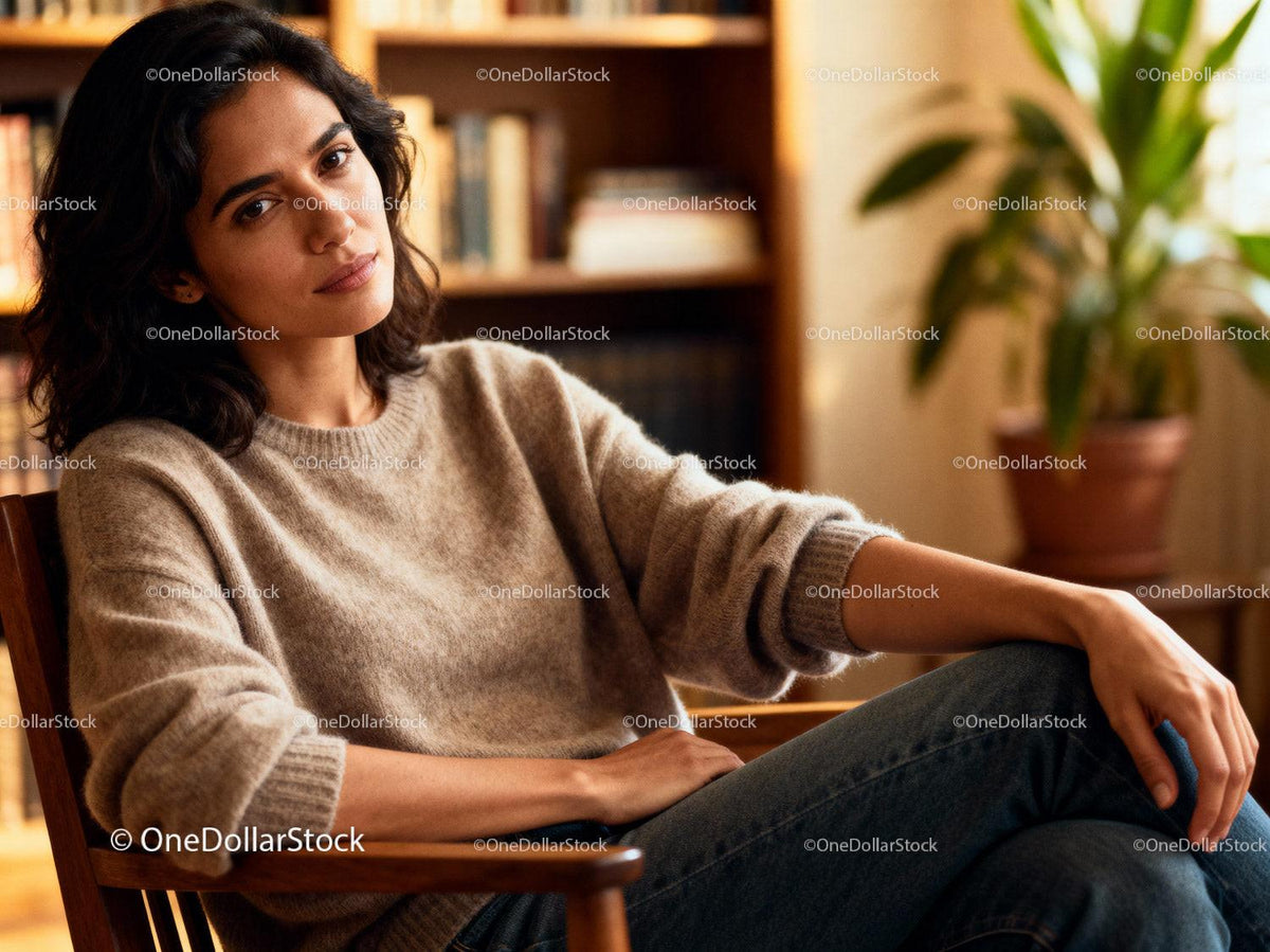 Thoughtful woman relaxing in cozy home setting