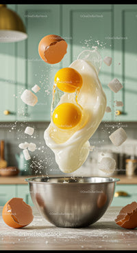 Fresh eggs cracking into metal bowl with sugar cubes