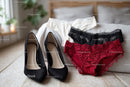 Chic Black Heels and a Red Lace Dress in a Cozy Bedroom Setting