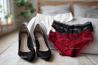 Chic Black Heels and a Red Lace Dress in a Cozy Bedroom Setting