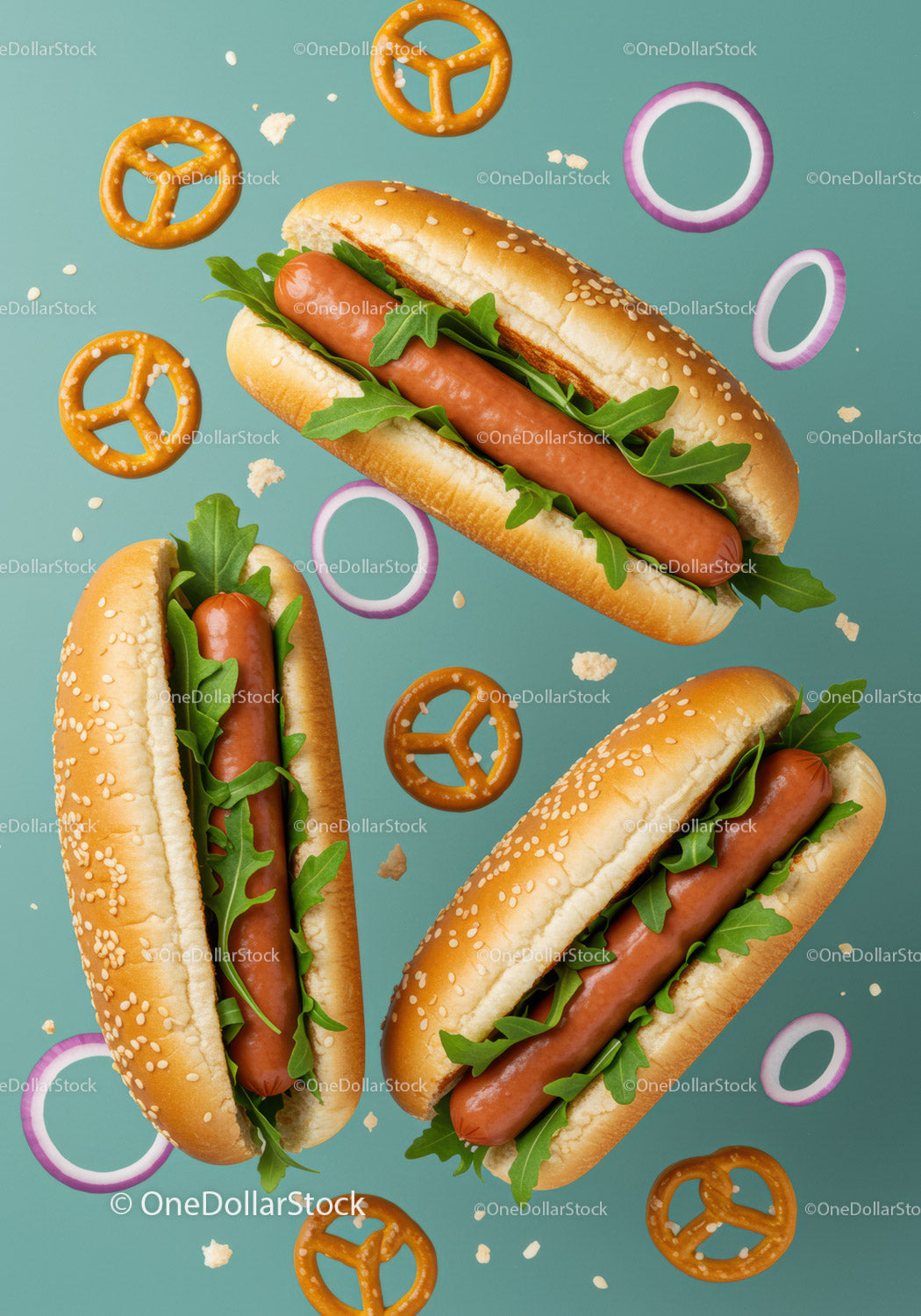 Three Classic Hot Dogs with Arugula and Pretzels