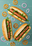 Three Classic Hot Dogs with Arugula and Pretzels