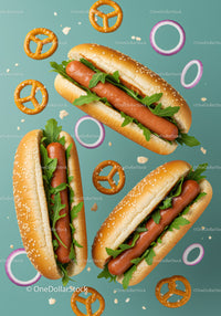 Three Classic Hot Dogs with Arugula and Pretzels