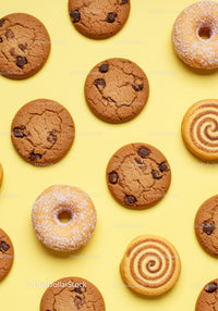 Assorted cookies and donuts on yellow background
