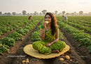 Young woman enjoying snack in green potato field