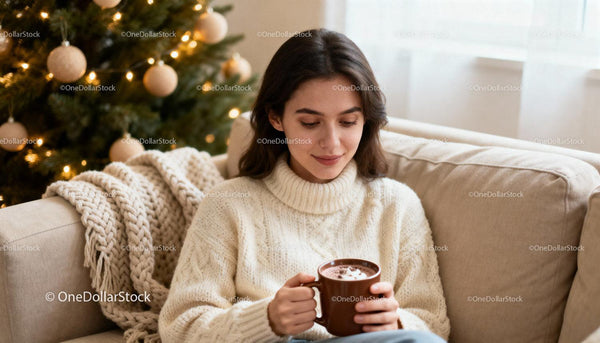 Young woman enjoying hot cocoa by Christmas tree