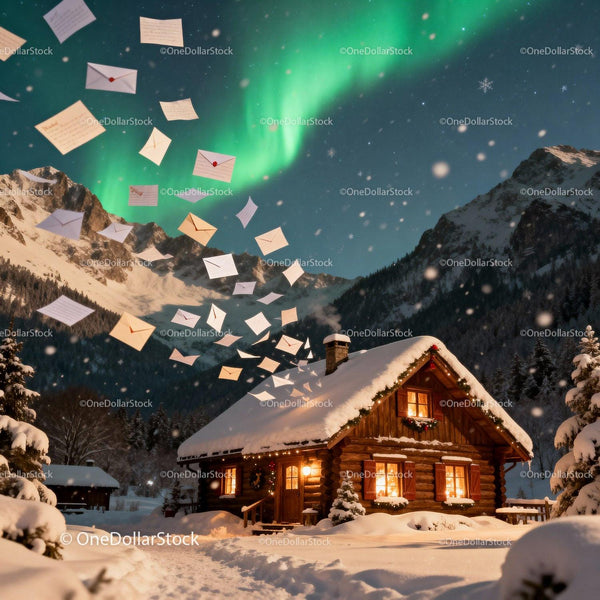 Snowy cabin with northern lights and flying letters