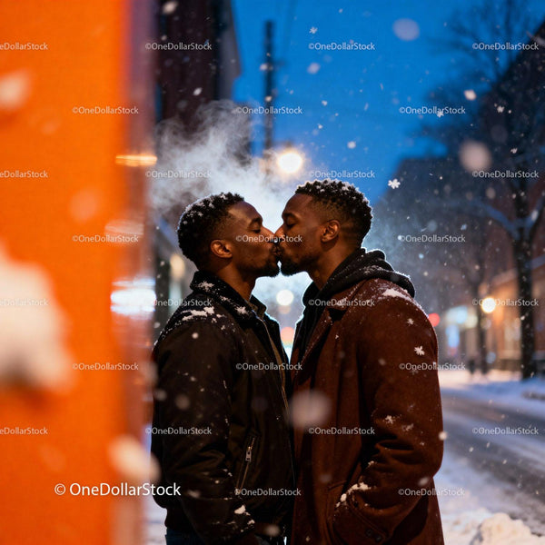 Black gay couple sharing a romantic snowy winter kiss