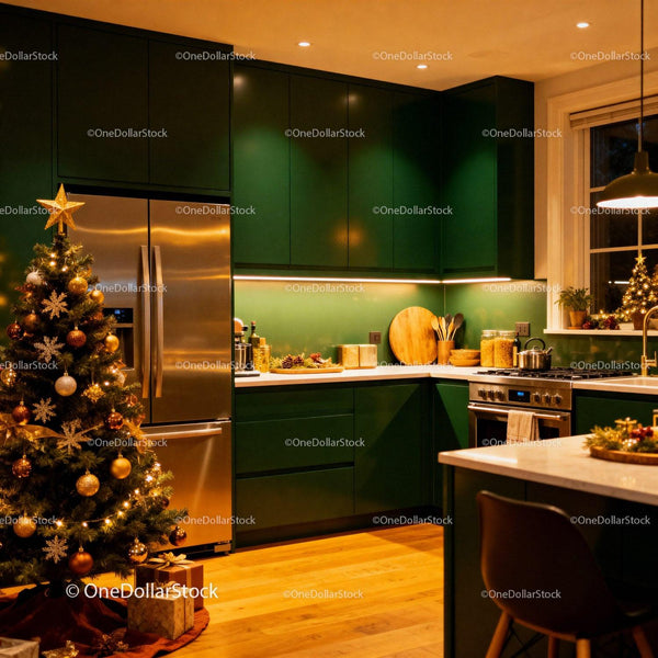 Cozy modern kitchen decorated for Christmas holidays