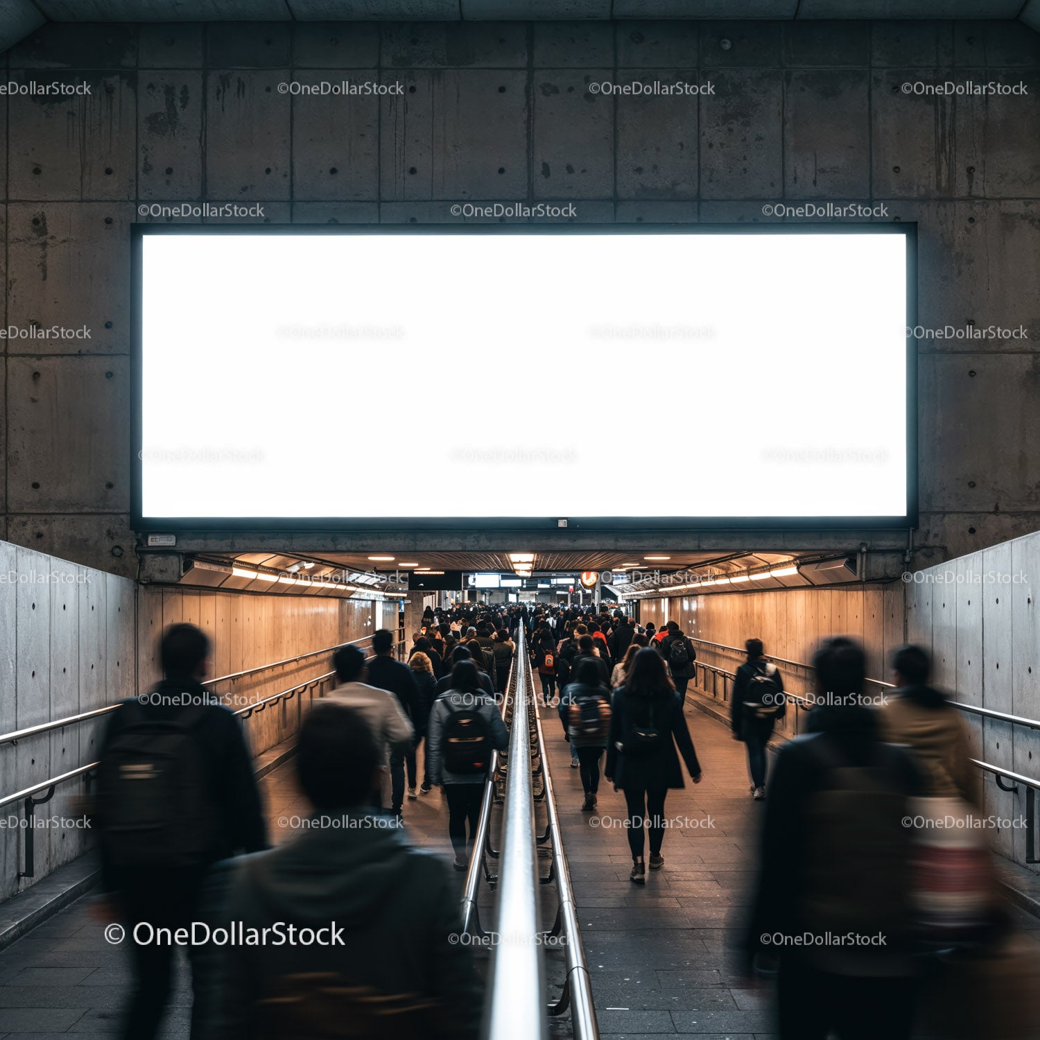 Crowd Walking Through Underground Passage with Blank Billboard