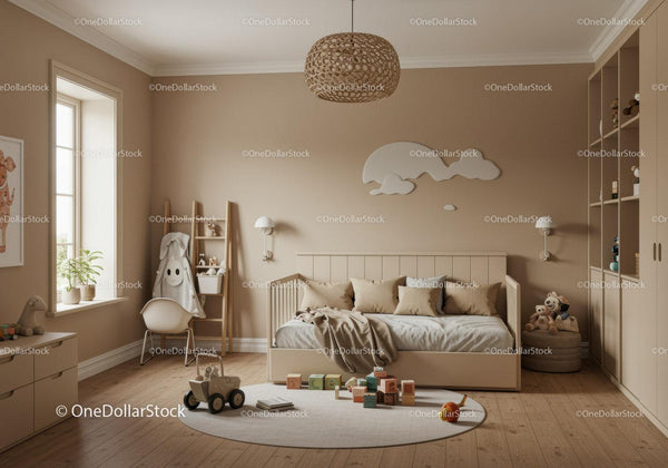 Przytulny Minimalistyczny Pokój Dziecięcy z Chmurkową Dekoracją i Drewnianymi Zabawekami