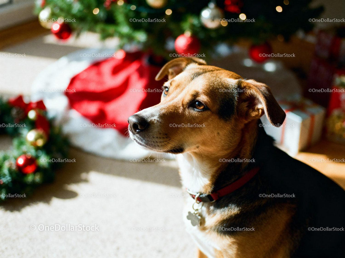 Thoughtful dog sitting near decorated Christmas tree