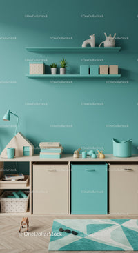 Modern Children's Room with Teal Blue and Beige Storage and Decor