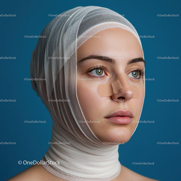 Young Woman with Bandaged Nose and Healing Skin in Close-Up Portrait