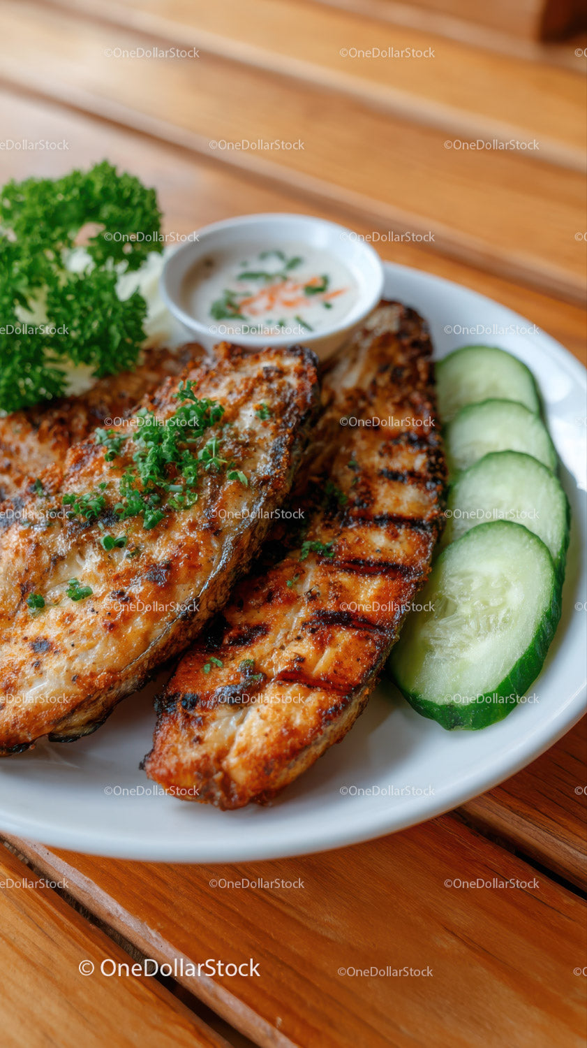 Fresh Grilled Salmon with Cucumber Slices and Dipping Sauce