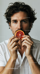 Man with Wavy Hair Holding Blood Orange in Modern Lifestyle Portrait