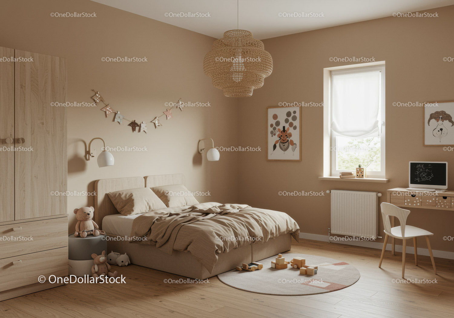 Cozy Modern Child's Bedroom with Wooden Furniture and Plush Decor