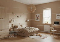 Cozy Modern Child's Bedroom with Wooden Furniture and Plush Decor