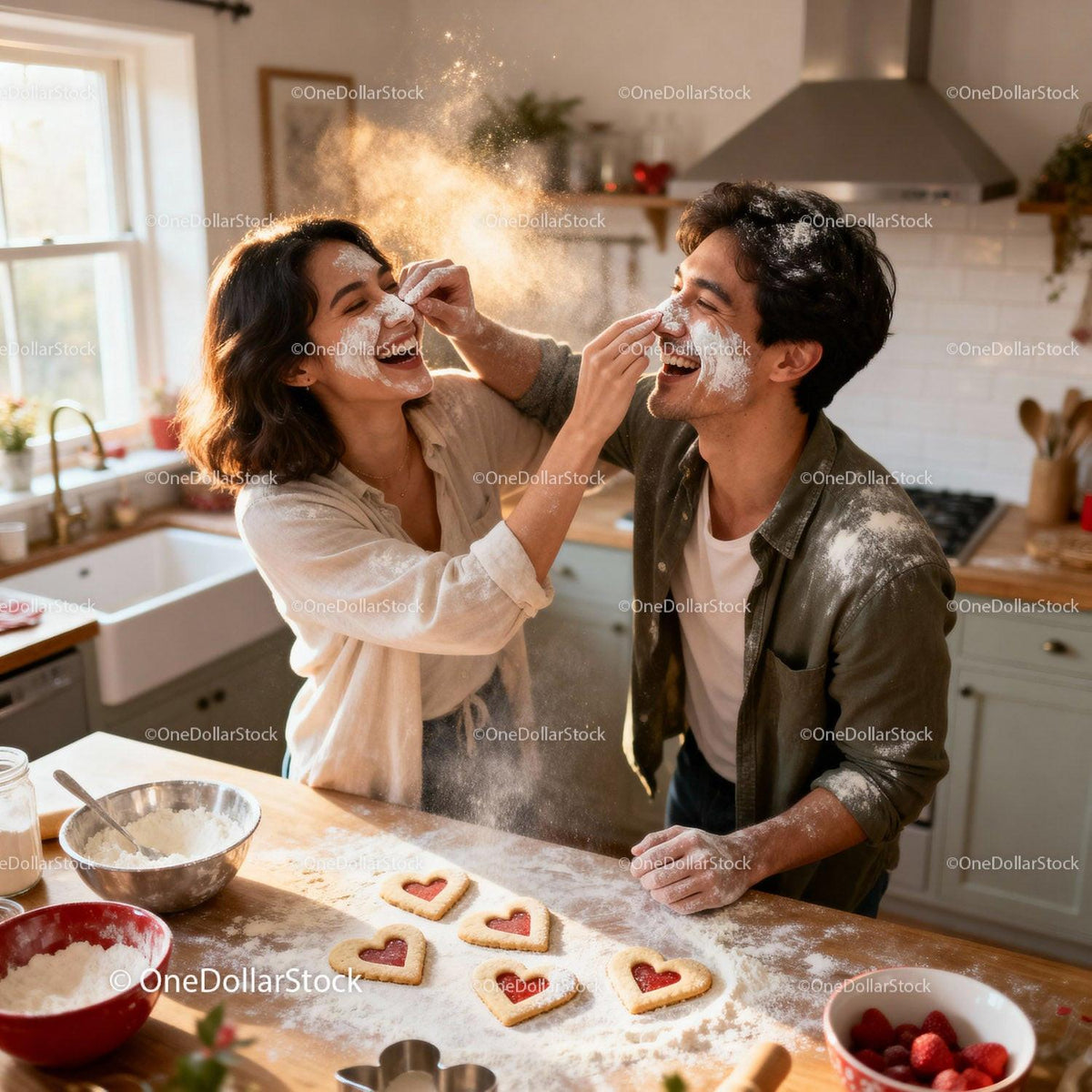 Couple Playfully Baking Heart-Shaped Cookies Together