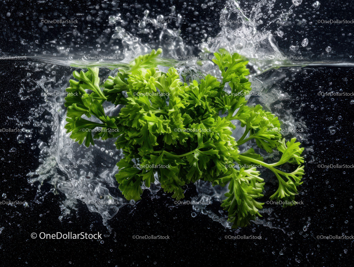 Fresh Green Parsley Splash with Water Effect