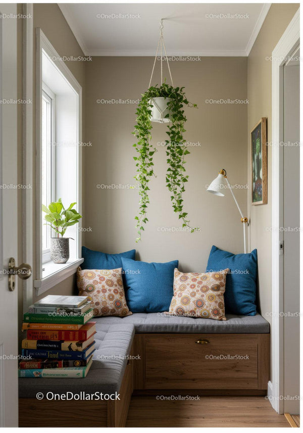 Cozy Home Reading Nook with Green Houseplants and Colorful Cushions