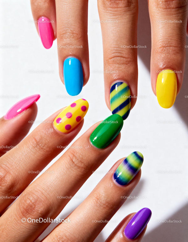 Kolorowy manicure z mieszanymi jasnymi wzorami lakierów