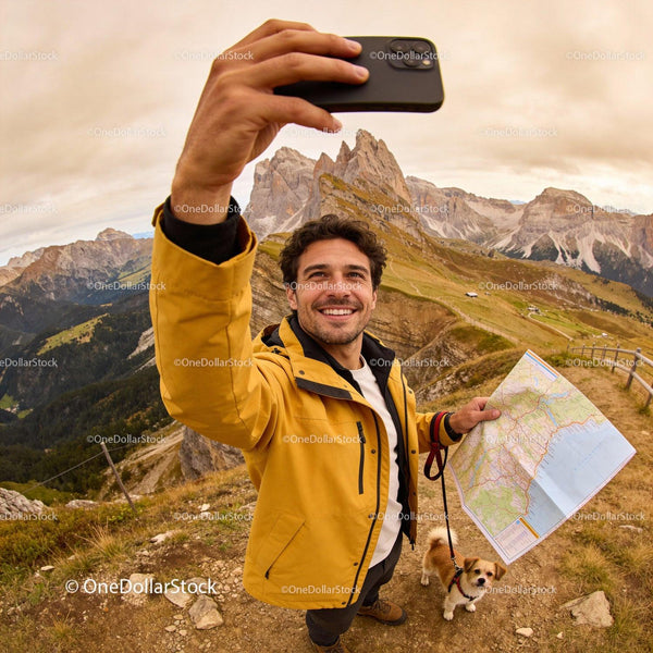 Mężczyzna robiący selfie z mapą na szlaku górskim