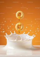 Honey Drizzled Cereal Rings Falling into Milk Splash