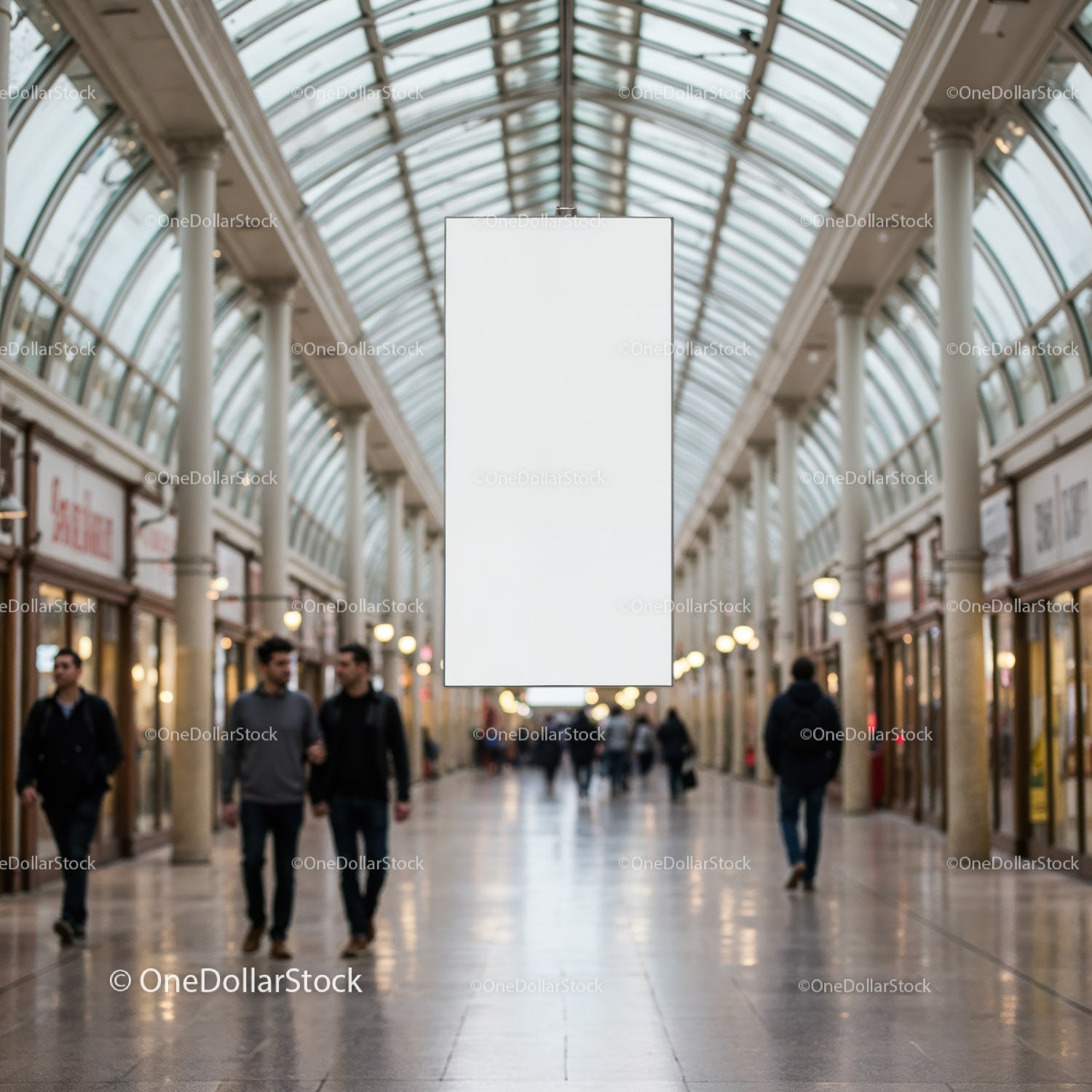 Empty Vertical Banner in Bright Shopping Arcade