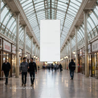 Empty Vertical Banner in Bright Shopping Arcade