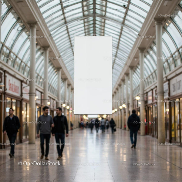 Empty Vertical Banner in Bright Shopping Arcade JPG Mockup Image