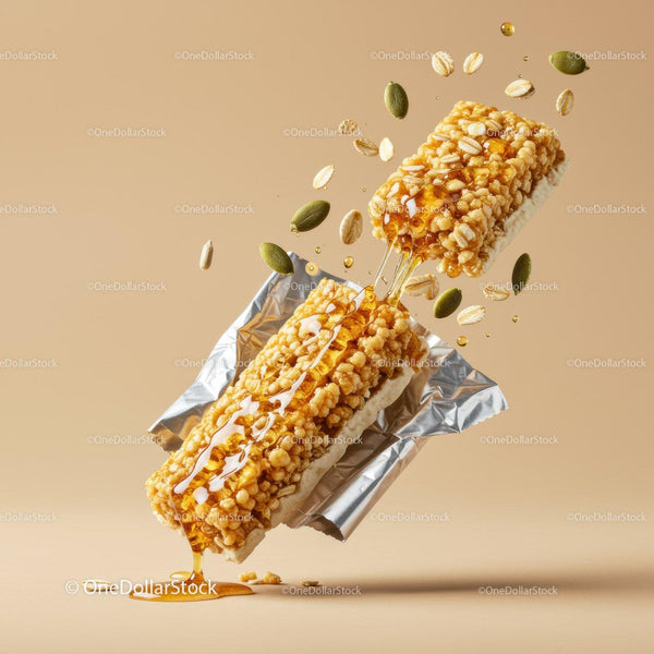 Crispy granola bar with honey and seeds pouring