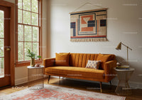 Cozy living room with mustard velvet sofa and natural light